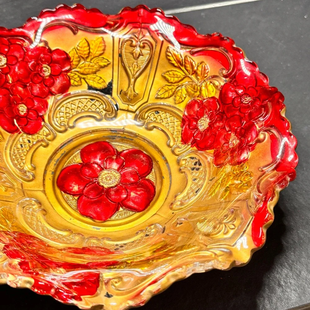 Vintage Goofus Glass Embossed Gold Flower Candy Dish Trinket Bowl‎ Red Accent